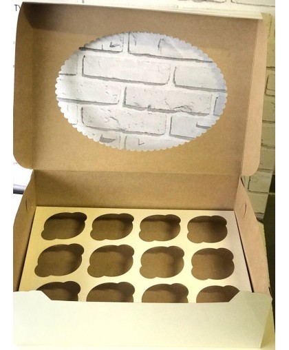 Коробка для капкейков на      12 шт  с окном двухсторонняя Крафт/Белая